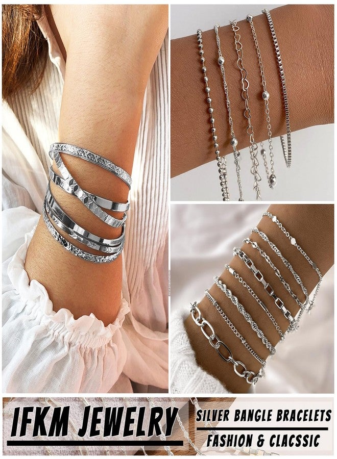 IFKM 5 PACK (35 PCS) Silver Chain Bangles Bracelets Set for Women, Silver Multiple Layered Stackable Open Cuff Bangle Anklet Bracelet Trendy Elegance Link Beads Italian Boho Cuban Jewelry for Women Gift - Image 2